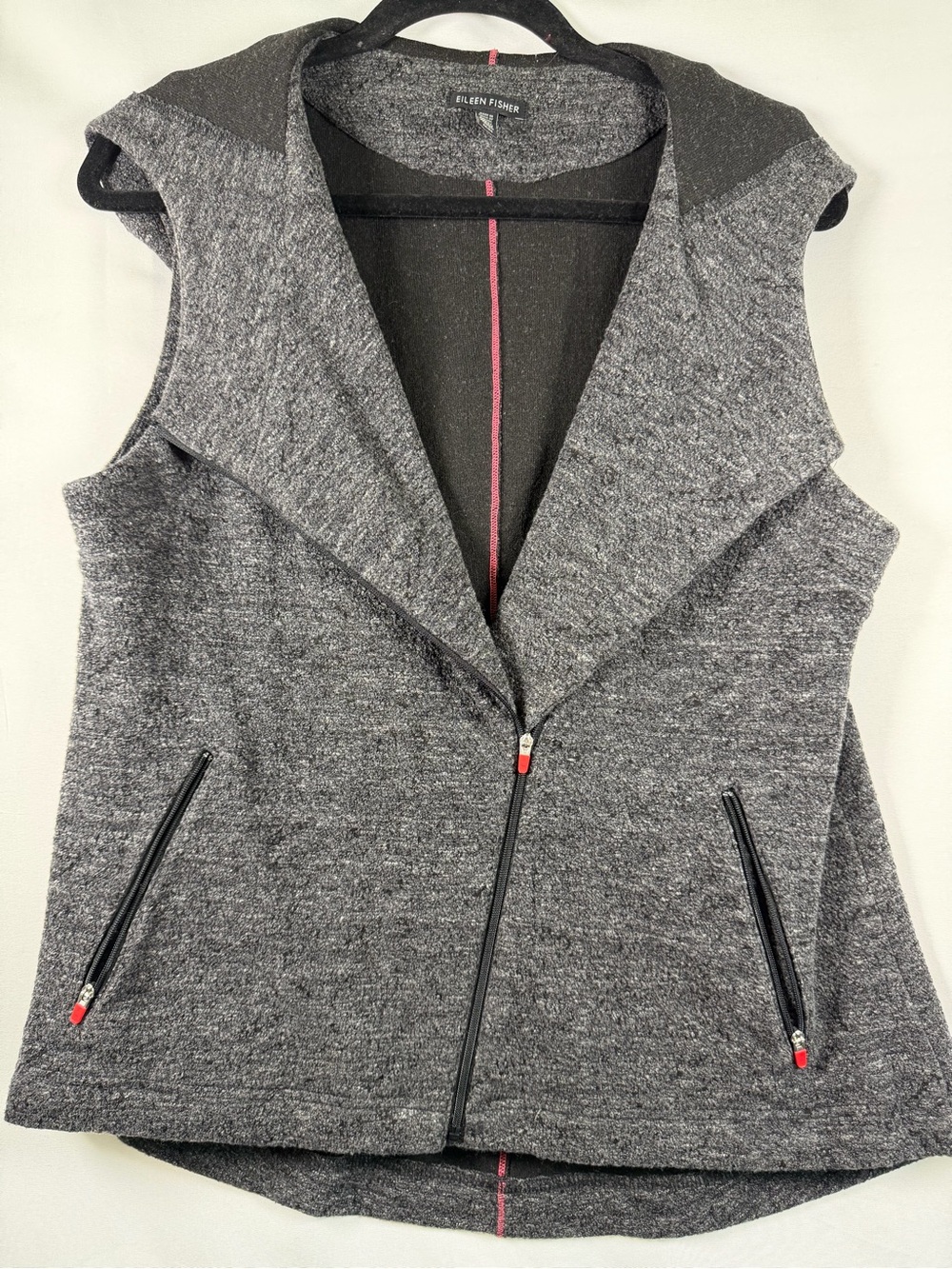 Eileen Fisher Gray Knit Moto Vest Draped Collar Pink Accent Sz M